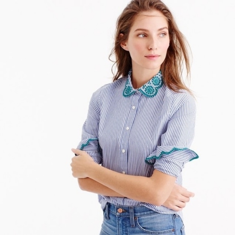 J. Crew striped button up poplin embroidered scallop collar shirt 6